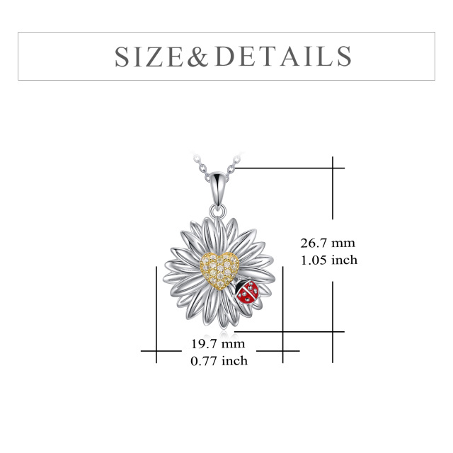 Sterling Silver Two-tone Round Cubic Zirconia Ladybug & Daisy Pendant Necklace-4