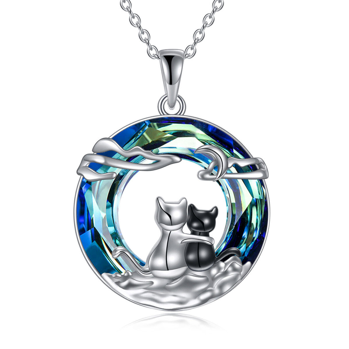 Sterling Silver Two-tone Circular Shaped Cat & Couple & Cloud & Moon Crystal Pendant Necklace with Engraved Word-1