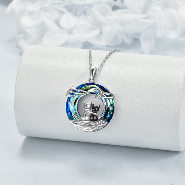 Sterling Silver Two-tone Circular Shaped Cat & Couple & Cloud & Moon Crystal Pendant Necklace with Engraved Word-2