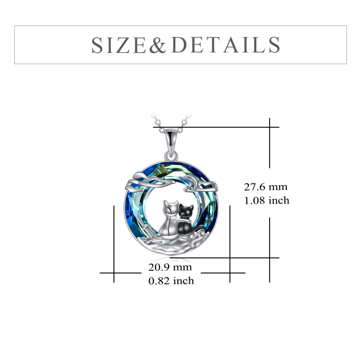 Sterling Silver Two-tone Circular Shaped Cat & Couple & Cloud & Moon Crystal Pendant Necklace with Engraved Word-5