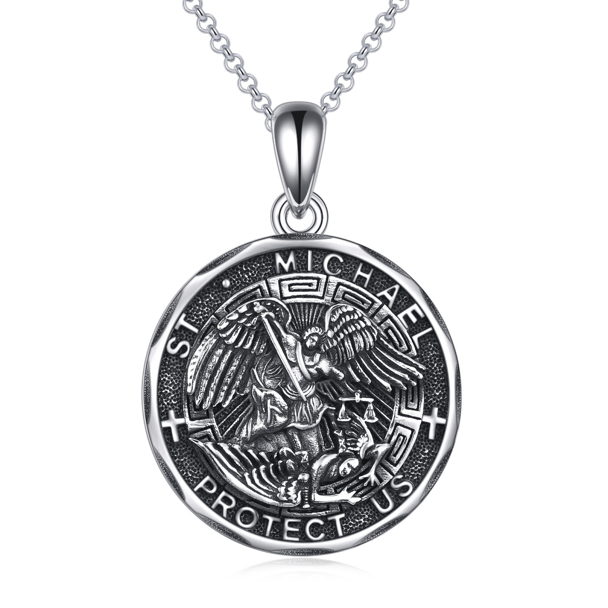 Sterling Silver St Michael Protect Us Pendant Necklace for Men-1