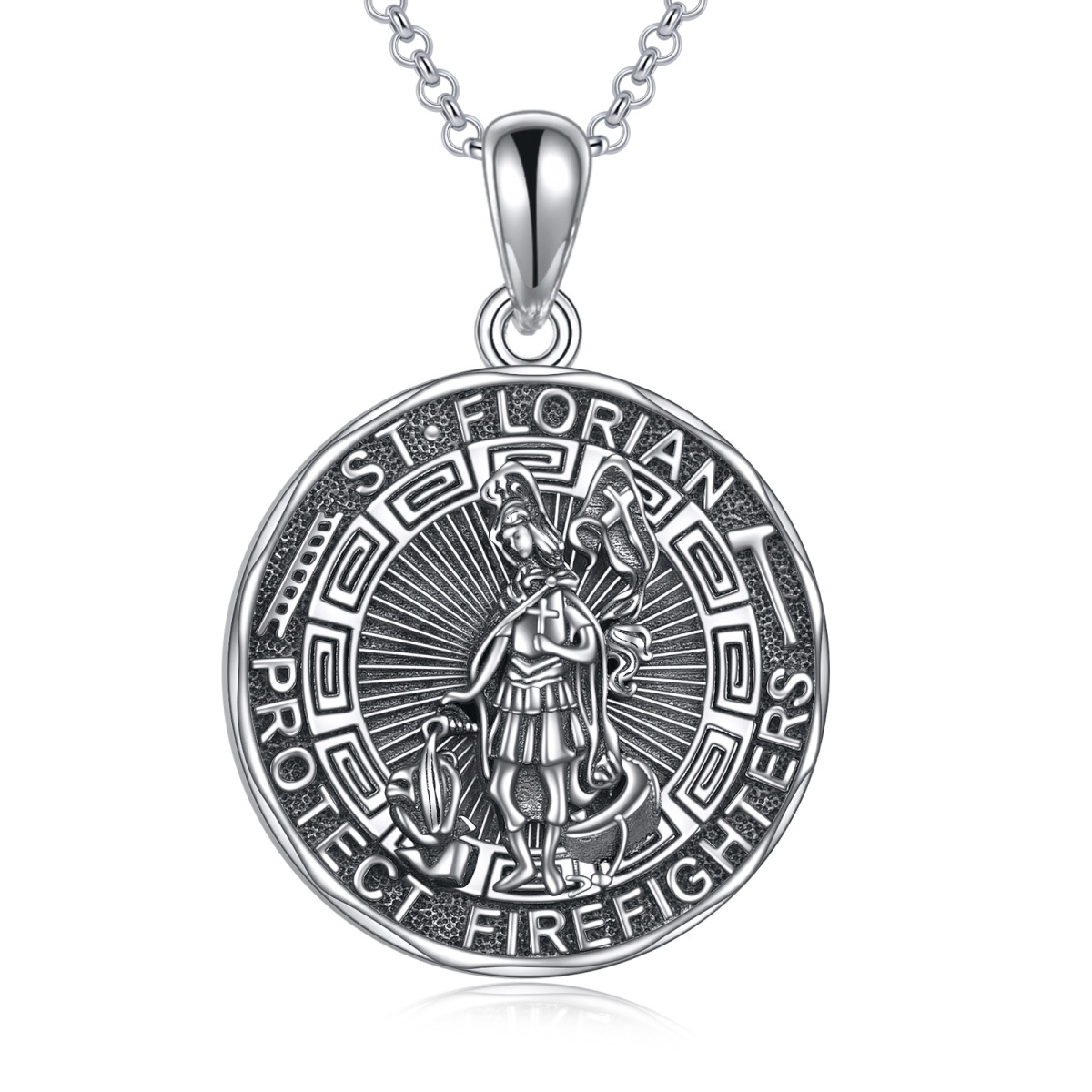 Collar de plata de ley con colgante de San Florián y runa vikinga con palabra grabada-1