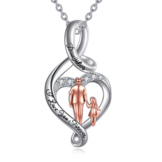 Sterling Silver Two-tone Cubic Zirconia Father & Daughter Heart & Infinity Symbol Pendant Necklace with Engraved Word