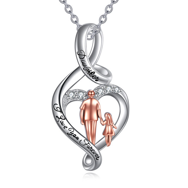 Sterling Silver Two-tone Cubic Zirconia Father & Daughter Heart & Infinity Symbol Pendant Necklace with Engraved Word-2