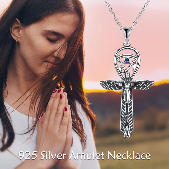 Sterling Silver Round Zircon Angel Wing & Ankh & Evil Eye Pendant Necklace-6