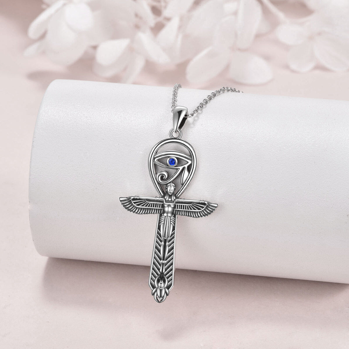 Sterling Silver Round Zircon Angel Wing & Ankh & Evil Eye Pendant Necklace-3