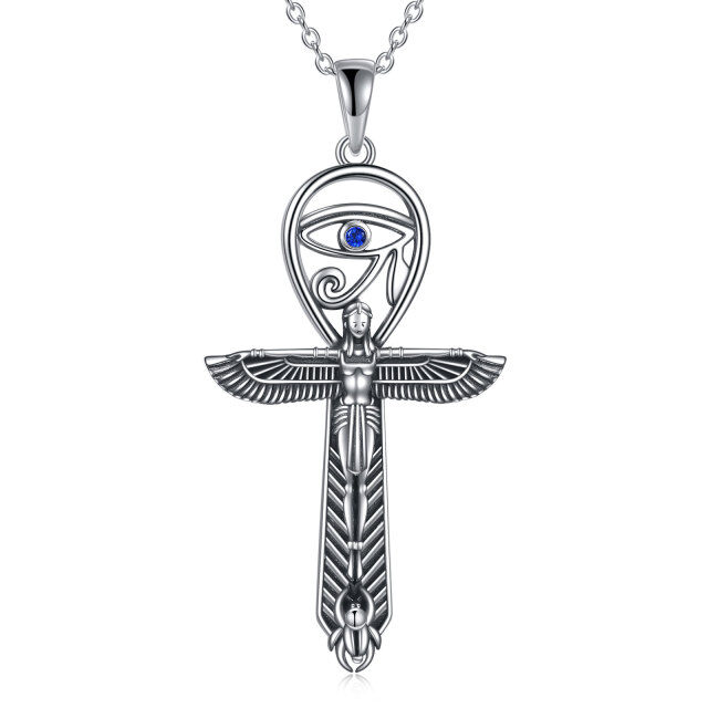 Sterling Silver Round Zircon Angel Wing & Ankh & Evil Eye Pendant Necklace-1