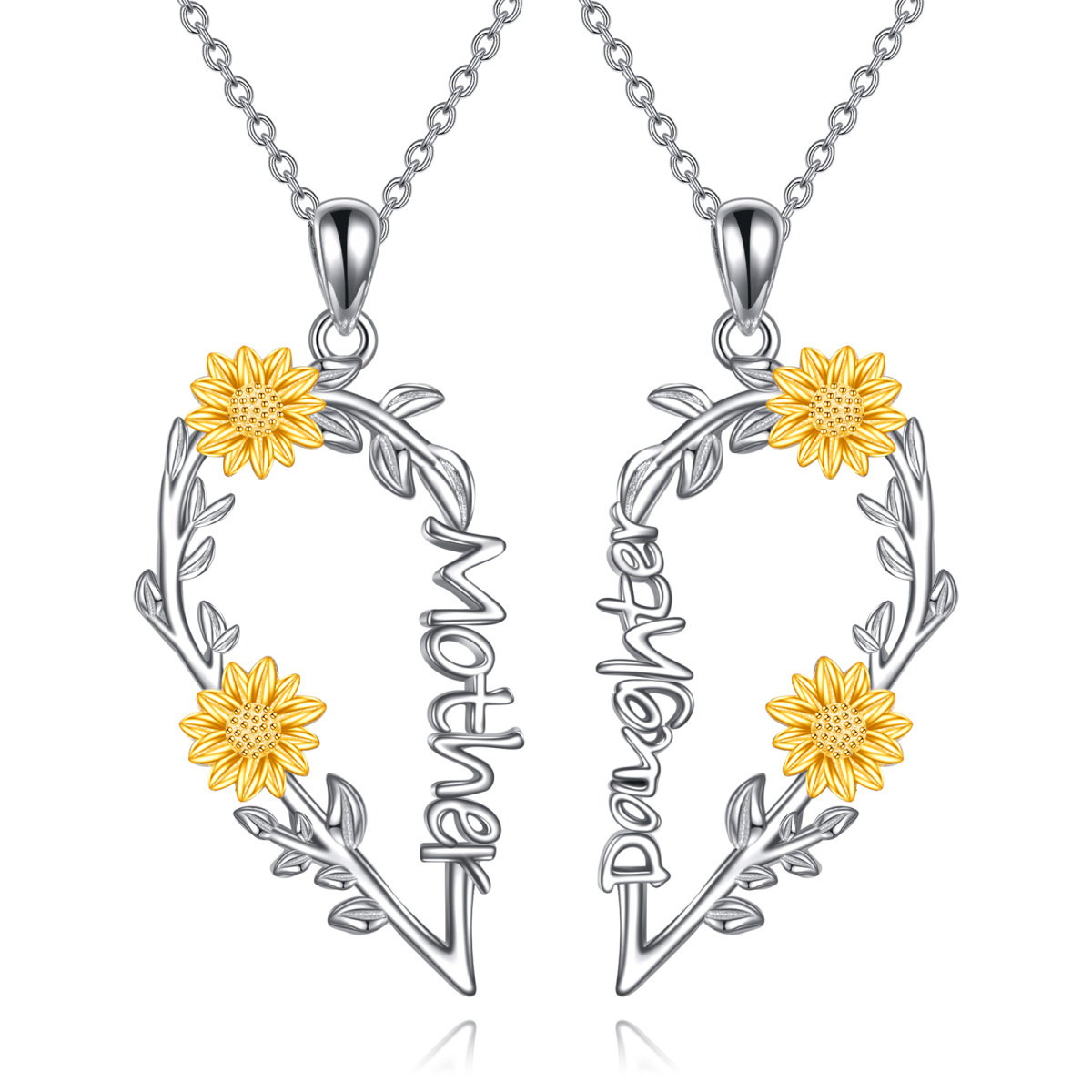 Sterling Silver Two-tone Sunflower Pendant Necklace for Mother & Daughter-1