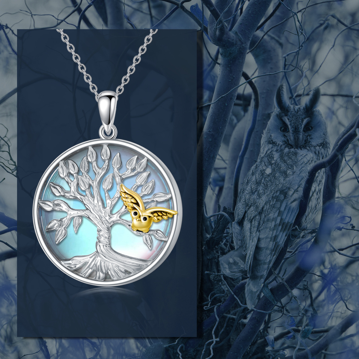 Sterling Silver Two-tone Circular Shaped Moonstone Owl & Tree Of Life Pendant Necklace-6
