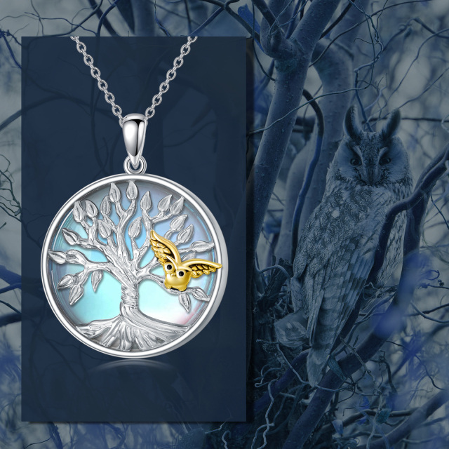 Sterling Silver Two-tone Circular Shaped Moonstone Owl & Tree Of Life Pendant Necklace-5