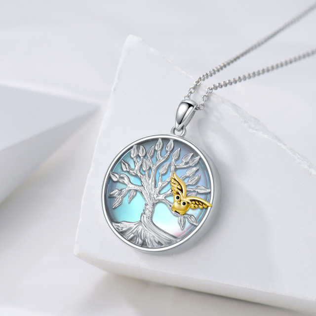 Sterling Silver Two-tone Circular Shaped Moonstone Owl & Tree Of Life Pendant Necklace-2