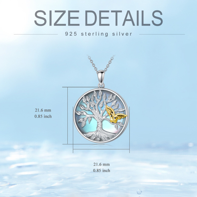 Sterling Silver Two-tone Circular Shaped Moonstone Owl & Tree Of Life Pendant Necklace-4