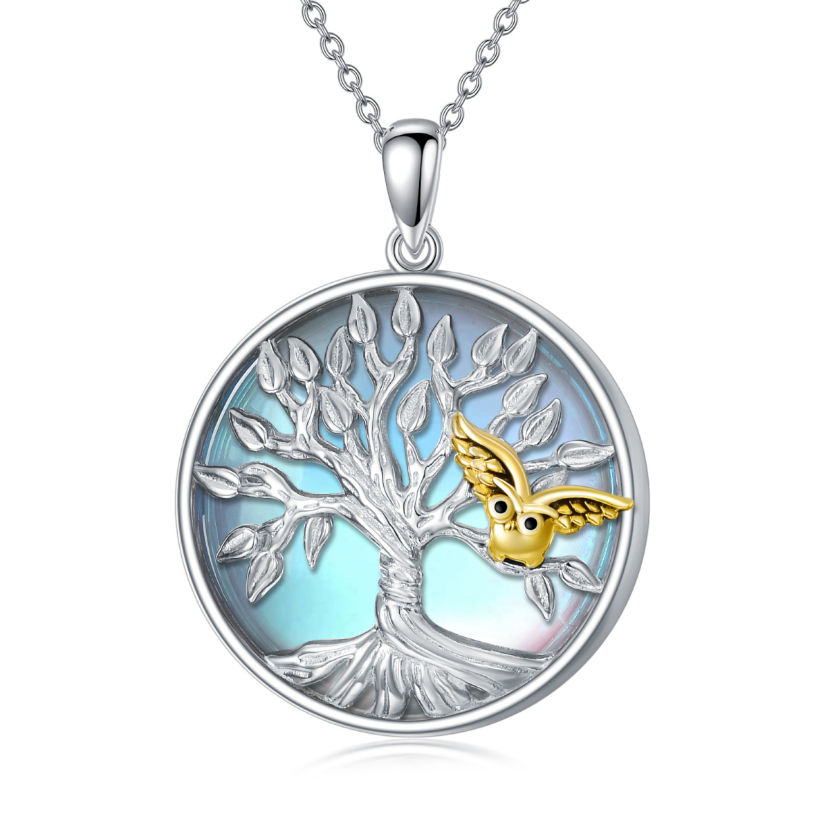 Collar con colgante de árbol de la vida de búho de piedra lunar en forma circular de dos tonos de plata de ley-1