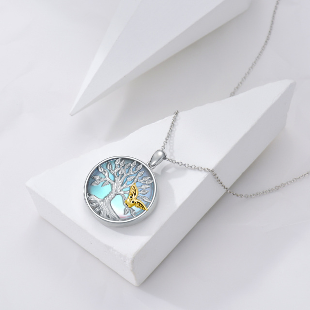 Sterling Silver Two-tone Circular Shaped Moonstone Owl & Tree Of Life Pendant Necklace-3