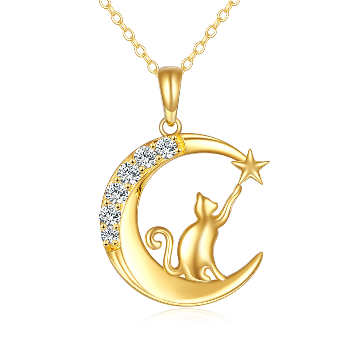 Collier en or 14K avec pendentif en zircon cubique en forme de chat. de lune et d'étoile-1