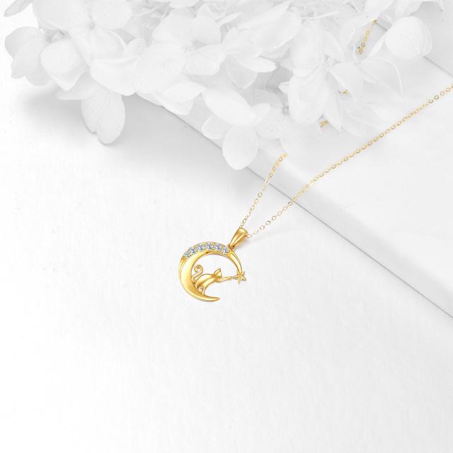 14K Gold Cubic Zirconia Cat Moon Star Pendant Necklace-3
