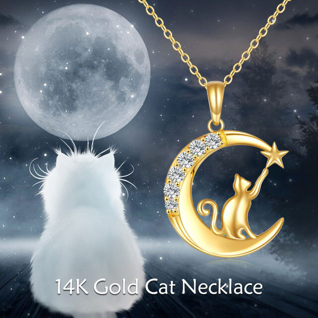 14K Oro Cúbico Zirconia Cat Moon Star Collar Colgante-4