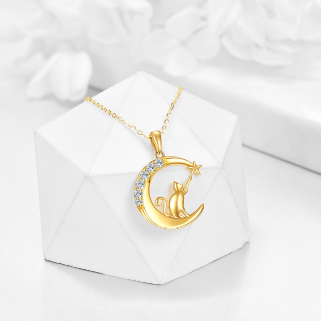 Collier en or 14K avec pendentif en zircon cubique en forme de chat. de lune et d'étoile-2