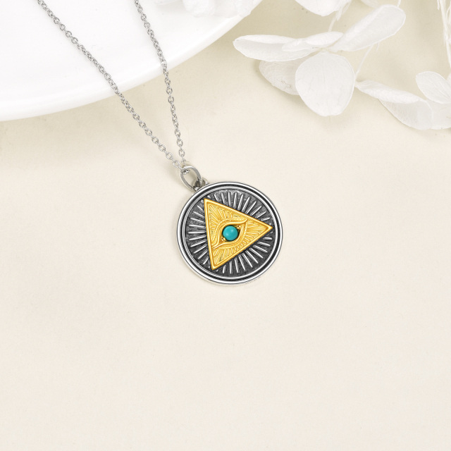 Sterling Silver Two-tone Round Turquoise Eye Of Horus Pendant Necklace-3