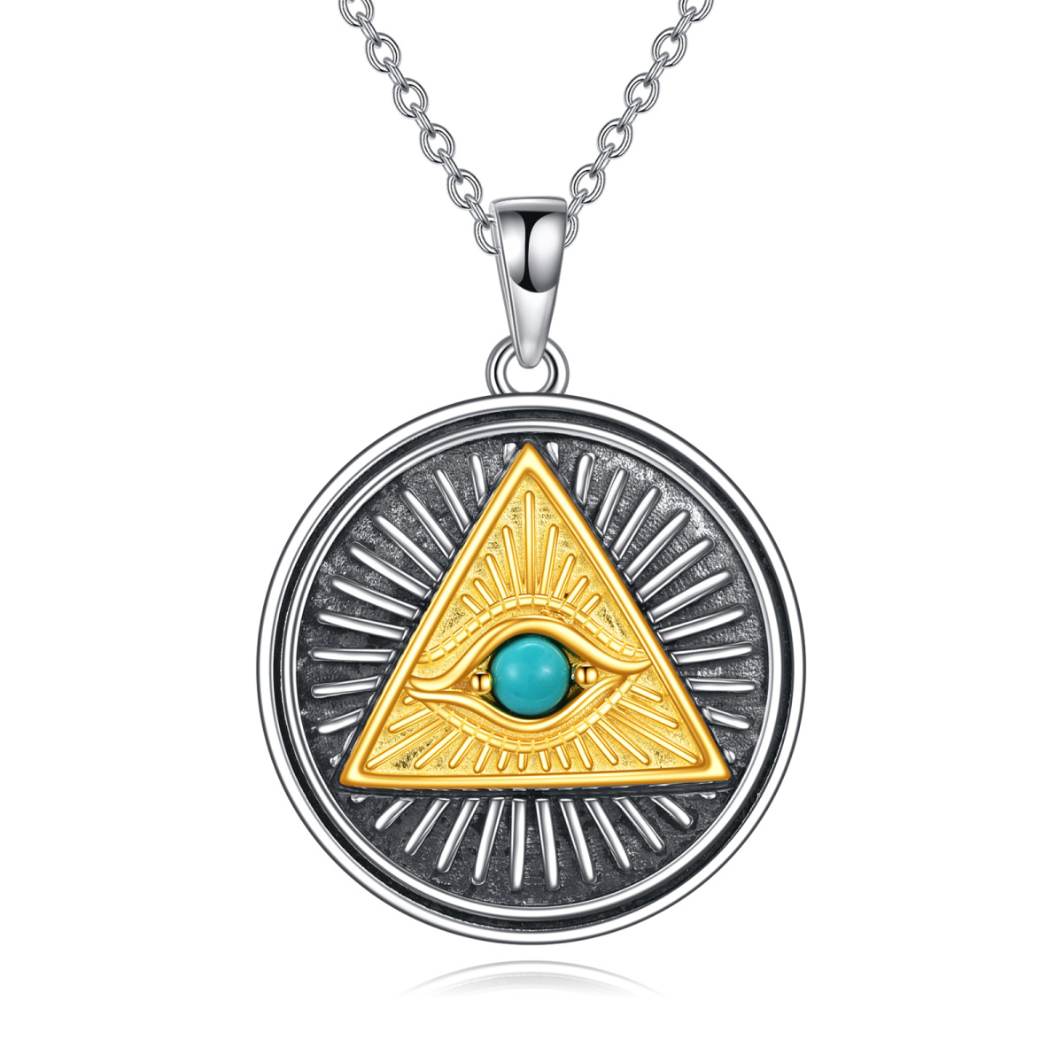 Sterling Silver Two-tone Round Turquoise Eye Of Horus Pendant Necklace-1