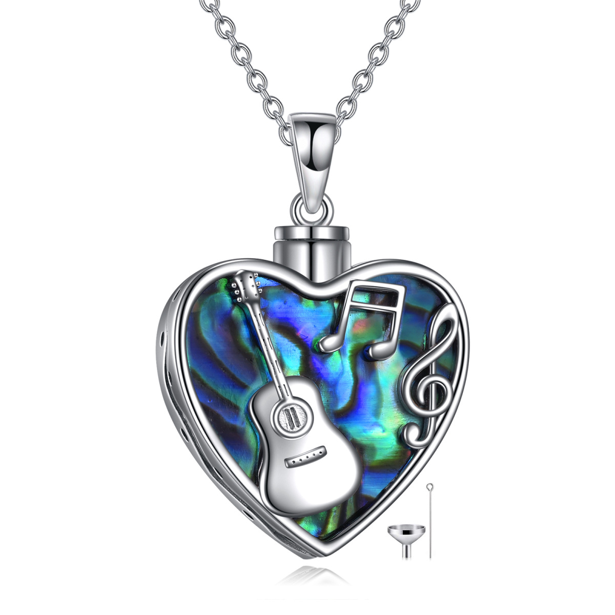 Sterling Silver Abalone Shellfish Guitar & Heart & Music Symbol Urn Necklace for Ashes with Engraved Word-1