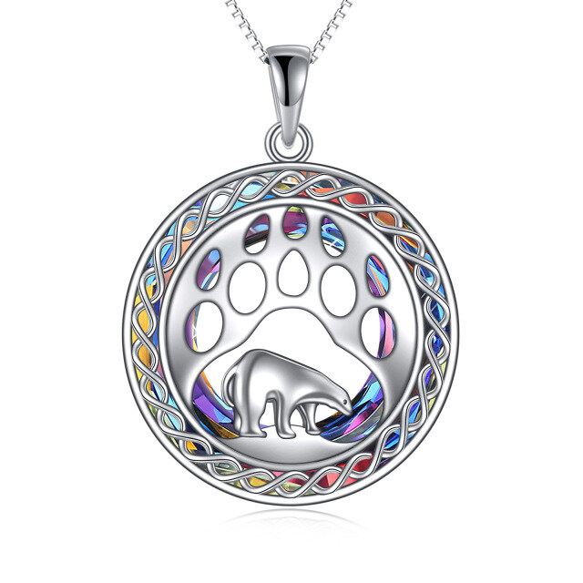 Sterling Silver Circular Shaped Moonstone & Crystal Polar Bear Pendant Necklace-2