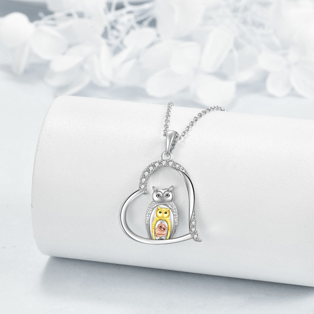 Sterling Silver Tri-tone Cubic Zirconia Owl & Heart Pendant Necklace-3