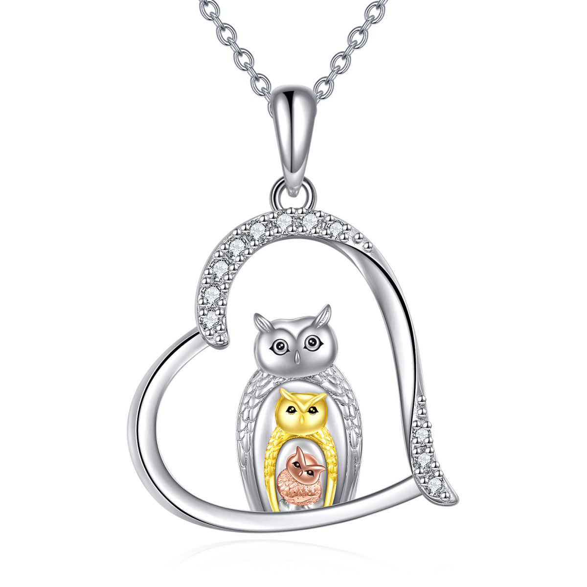 Sterling Silver Tri-tone Cubic Zirconia Owl & Heart Pendant Necklace-1