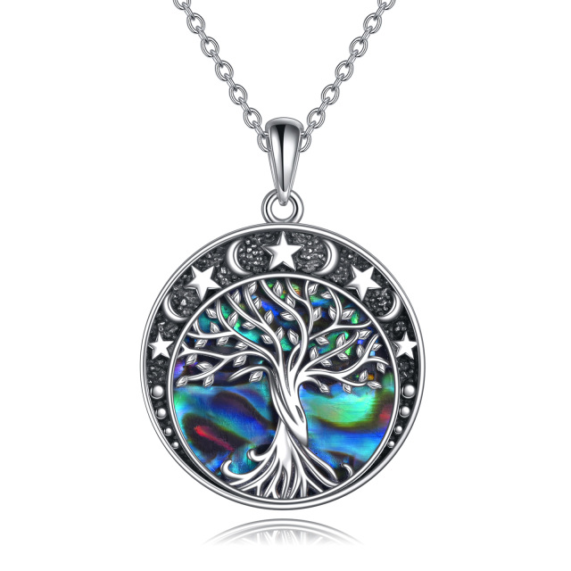 Sterling Silver Abalone Shellfish Tree Of Life & Moon Pendant Necklace-0