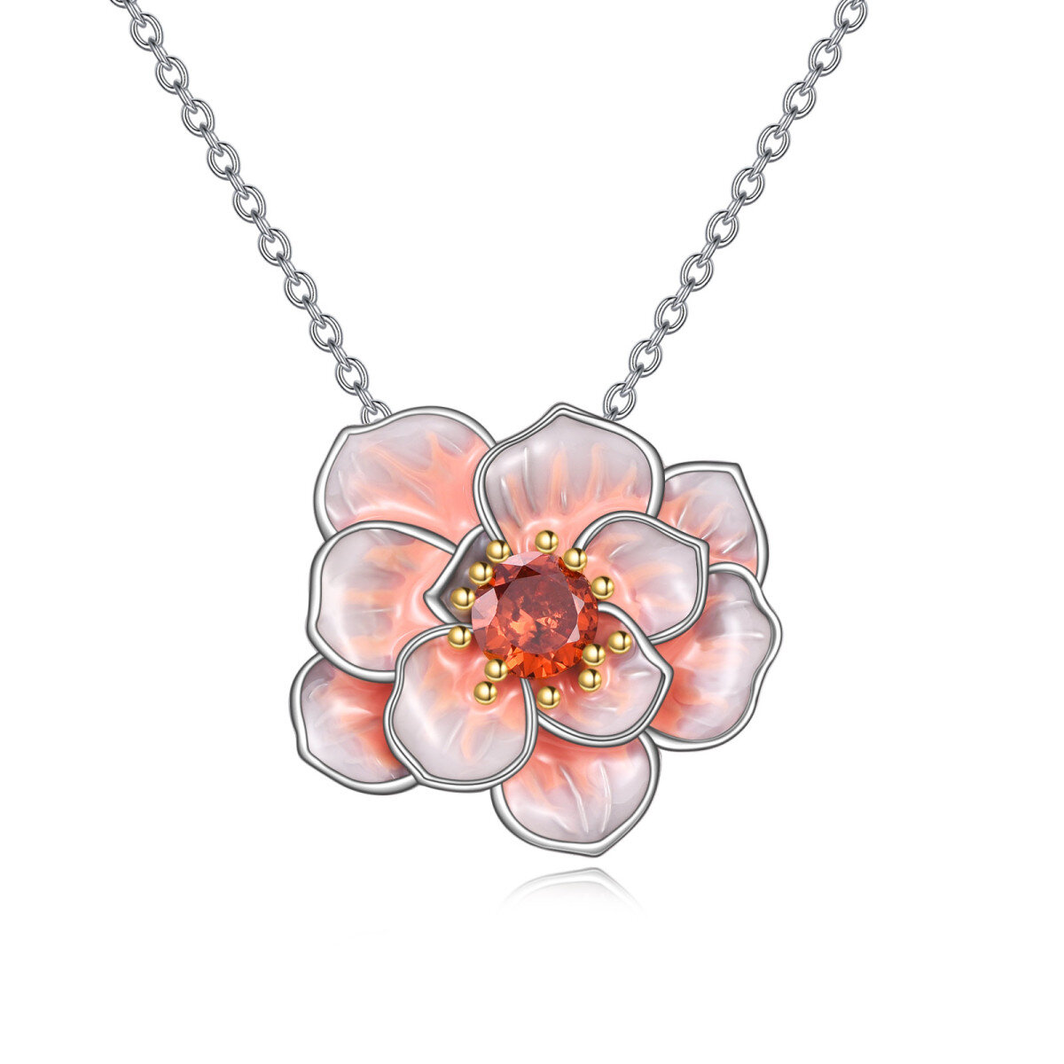 Sterling Silver Round Cubic Zirconia Peony Flower Pendant Necklace-1