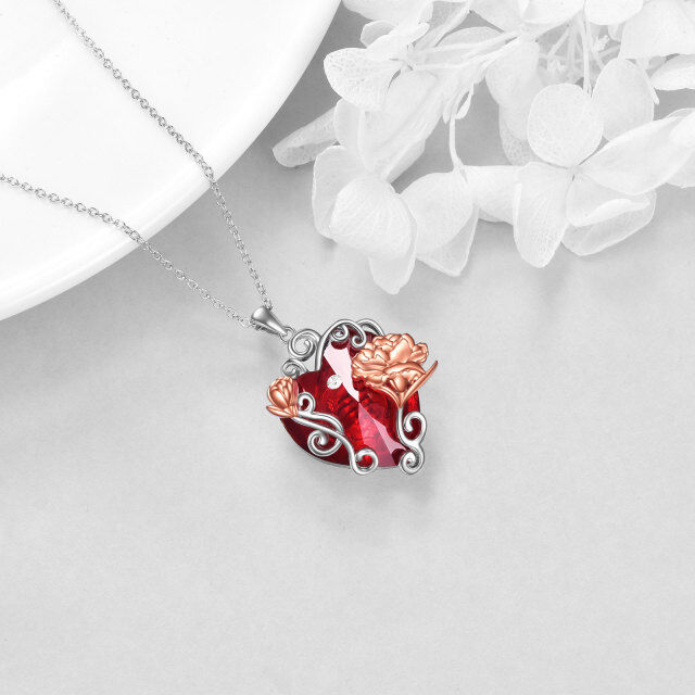 Sterling Silver Birth Flower & Heart Crystal Pendant Necklace-2