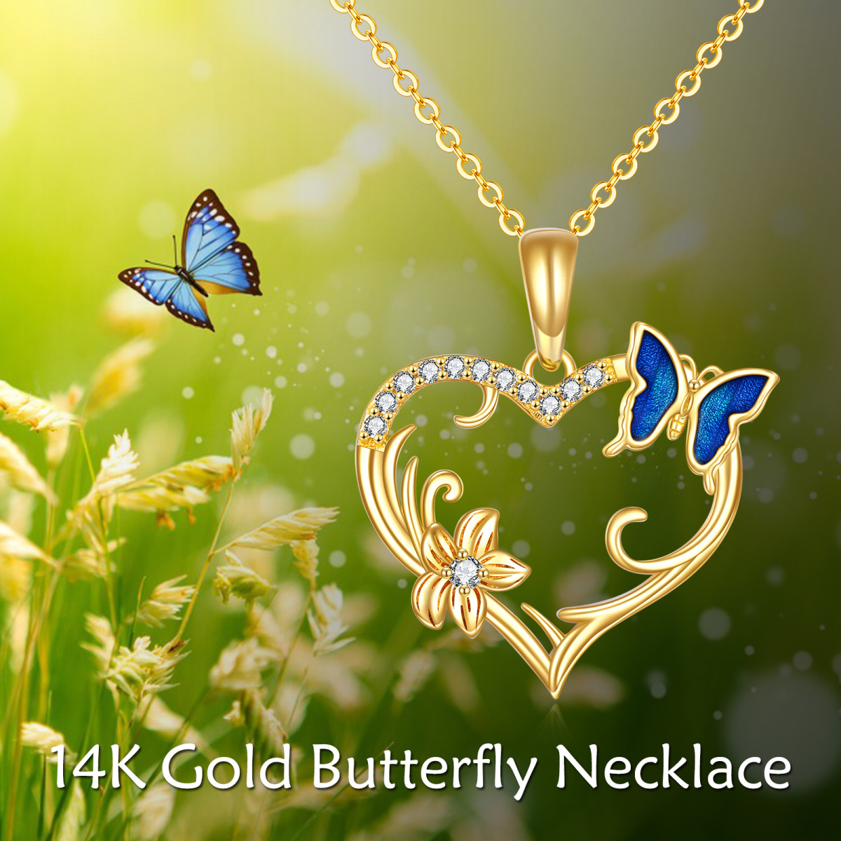 Halskette mit Schmetterlings-Herzanhänger und Gelbgold 14 Karat-6