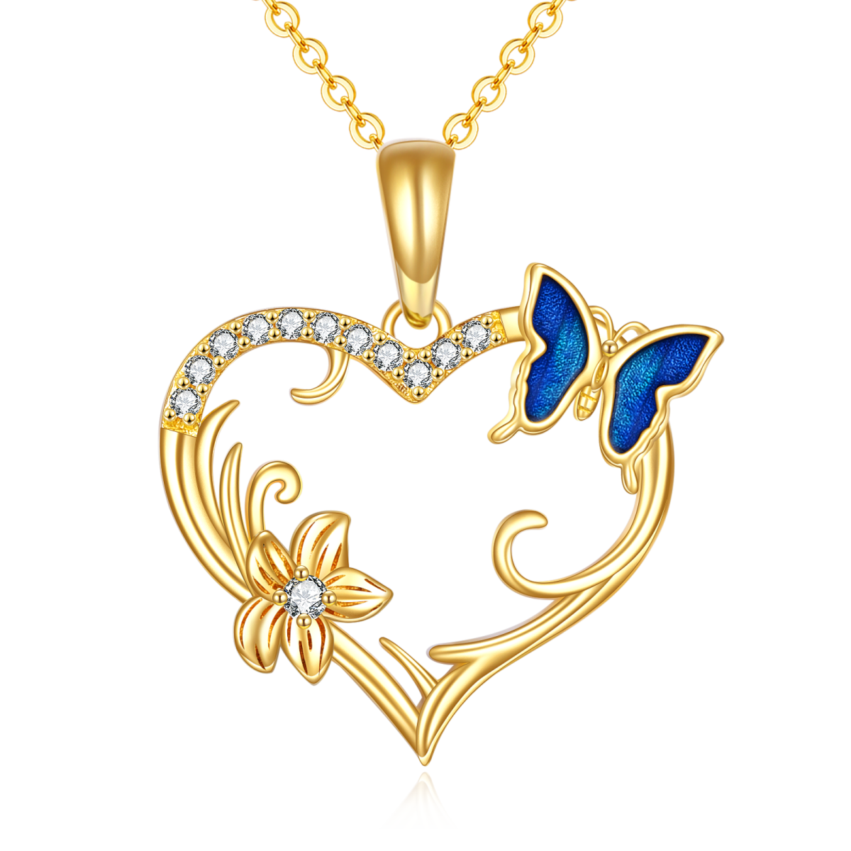 Halskette mit Schmetterlings-Herzanhänger und Gelbgold 14 Karat-1