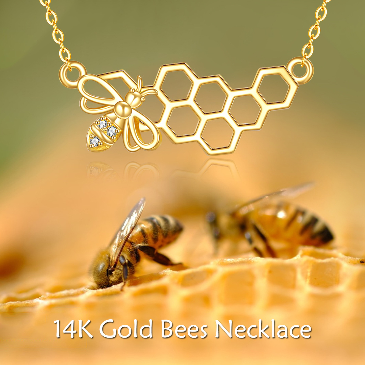 14K Gold kreisförmig Cubic Zirkonia Bienen Anhänger Halskette-6