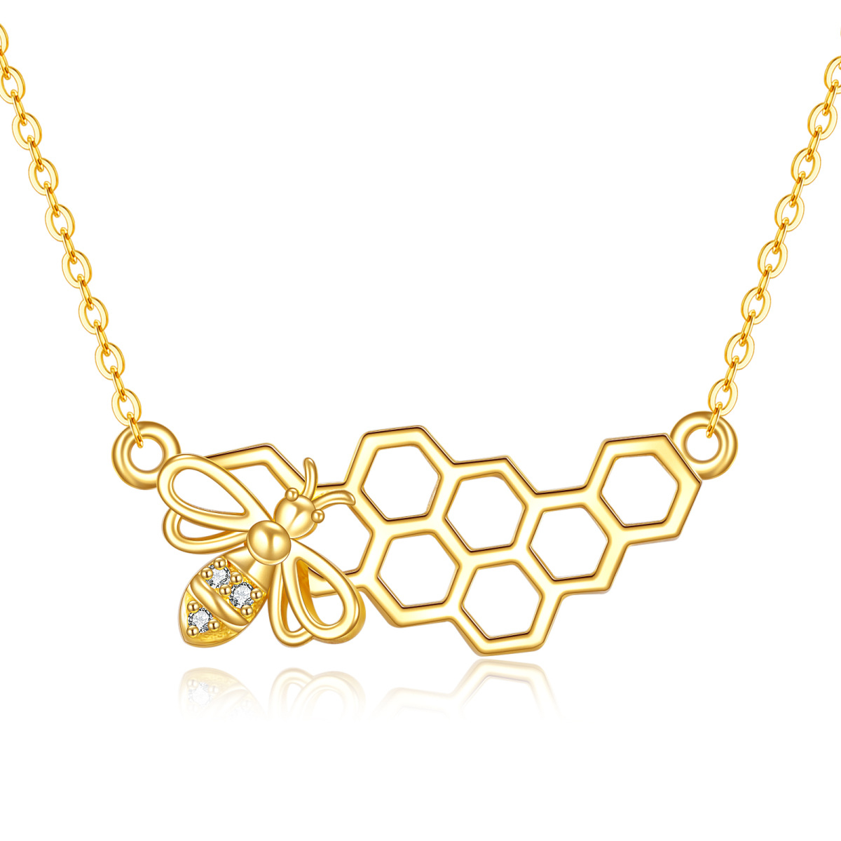 14K Gold Circular Shaped Cubic Zirconia Bees Pendant Necklace-1