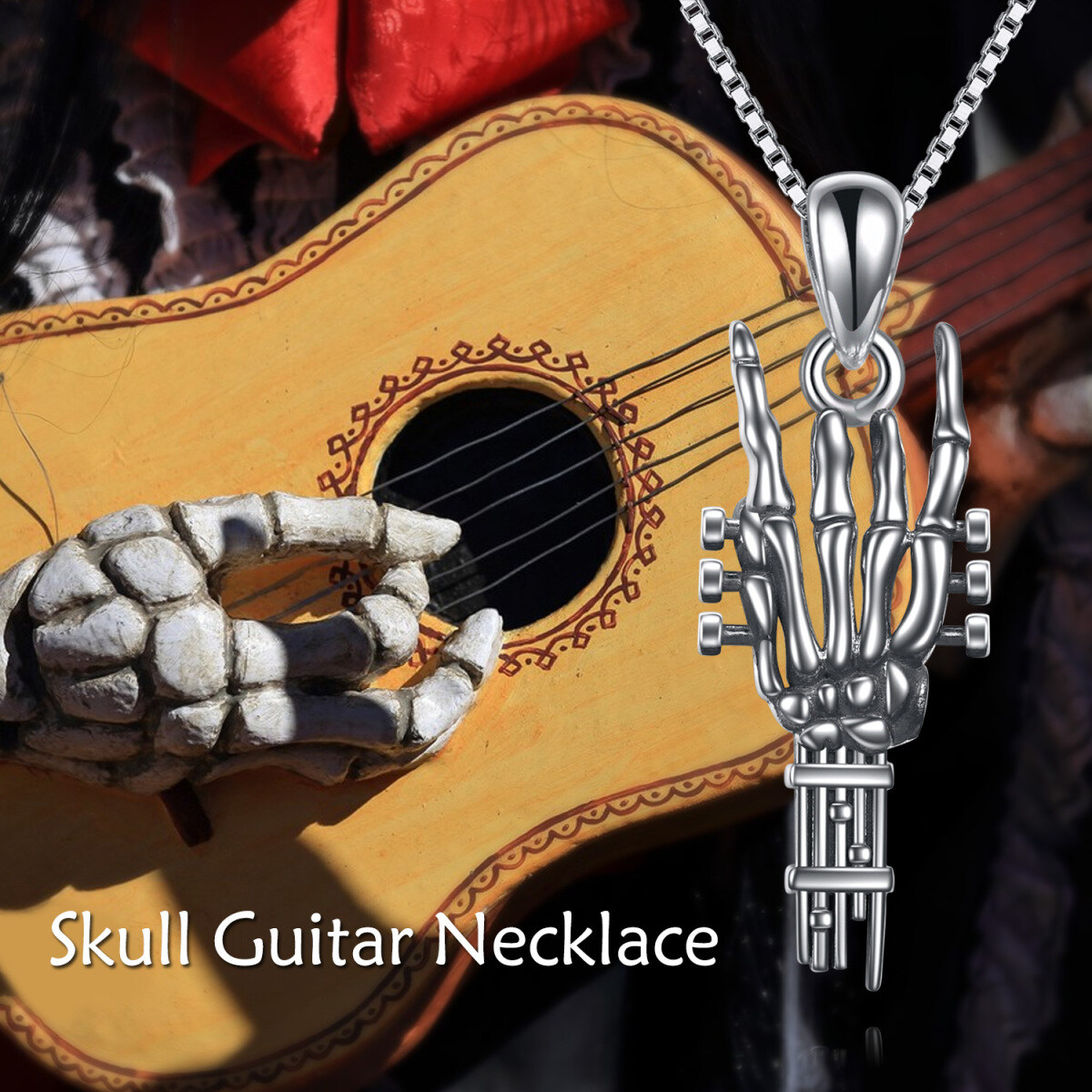 Sterling Silver Guitar & Skeleton Pendant Necklace-6