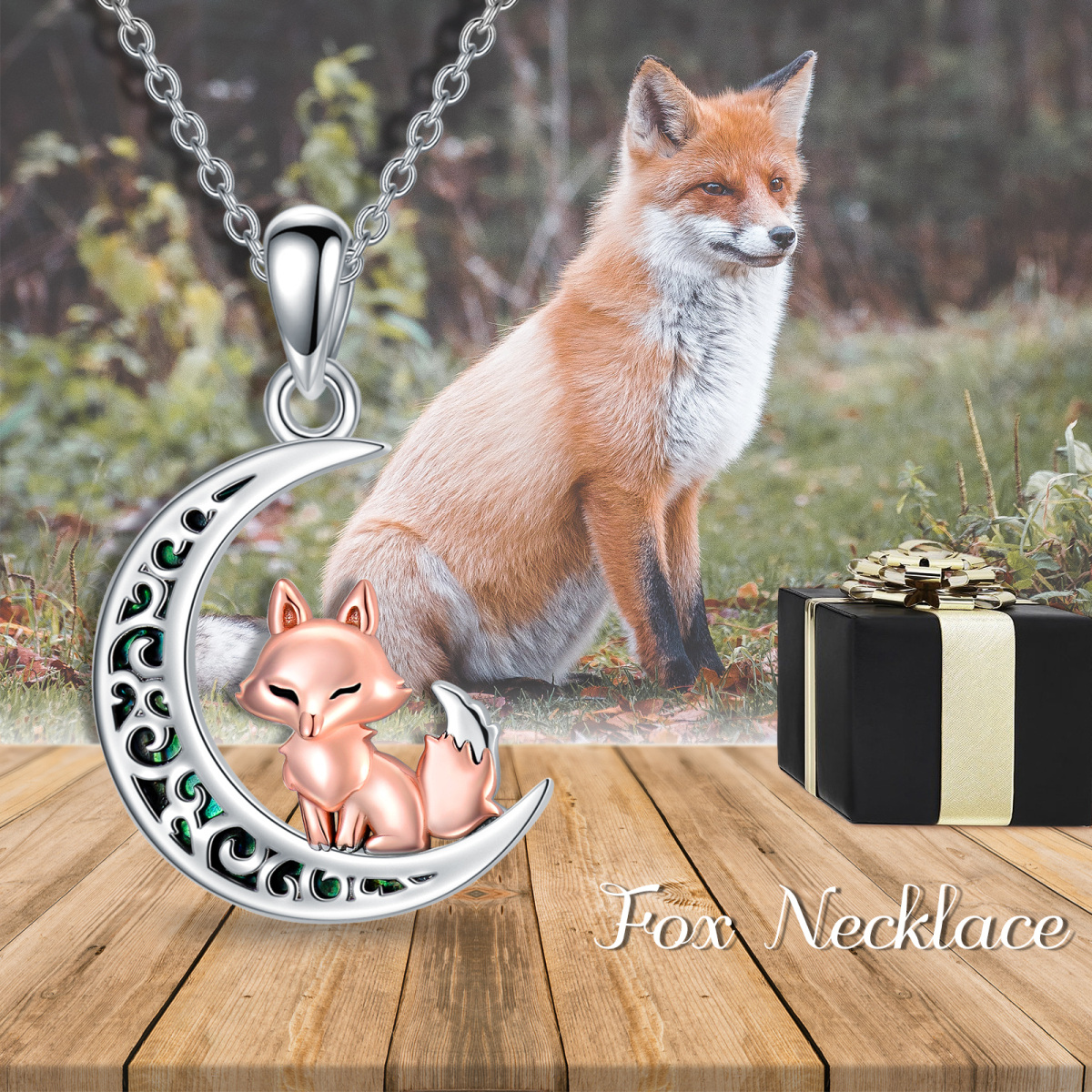 Sterling Silver Two-tone Fox & Moon Pendant Necklace-6