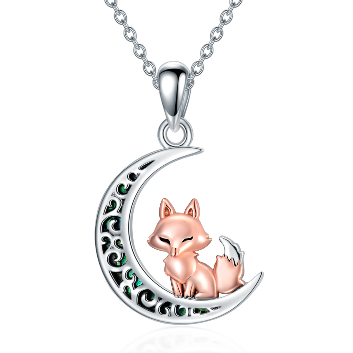 Sterling Silver Two-tone Fox & Moon Pendant Necklace-1