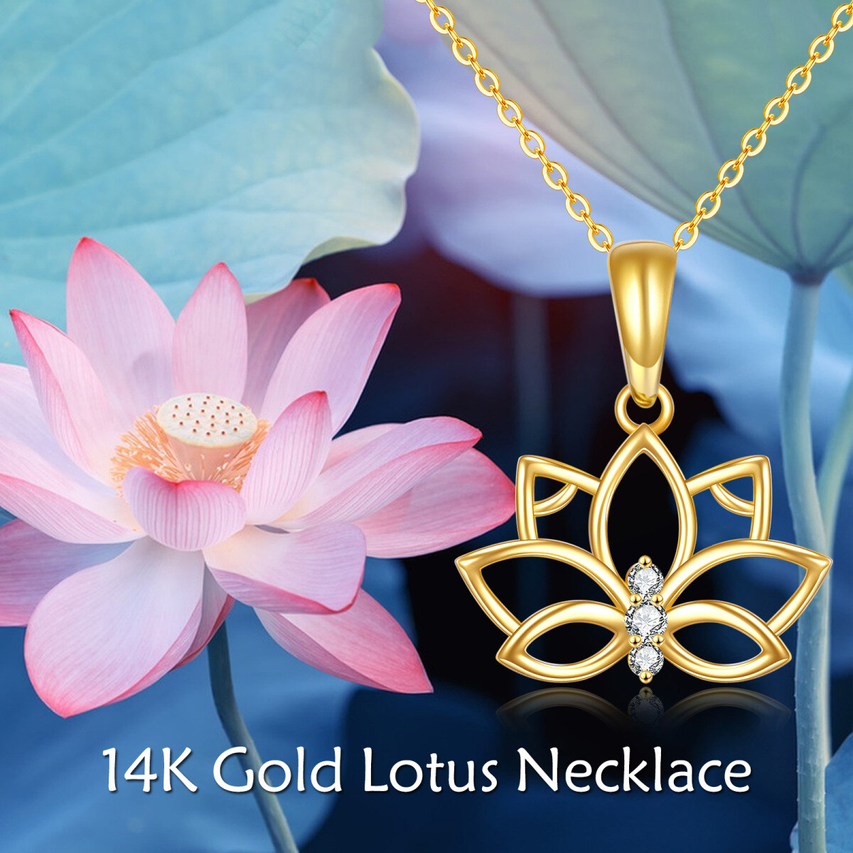 14K Gold Circular Shaped Zircon Lotus Pendant Necklace-6