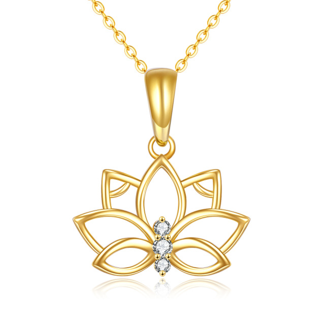 14K Gold Circular Shaped Zircon Lotus Pendant Necklace-0