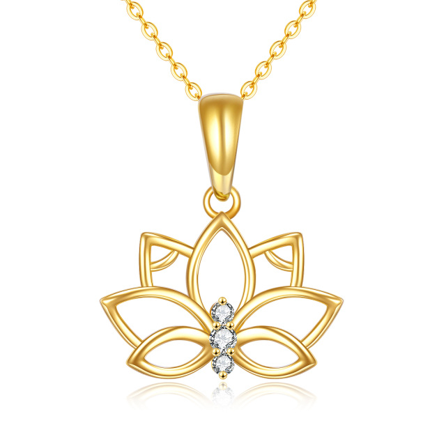 14K Gold Circular Shaped Zircon Lotus Pendant Necklace-5