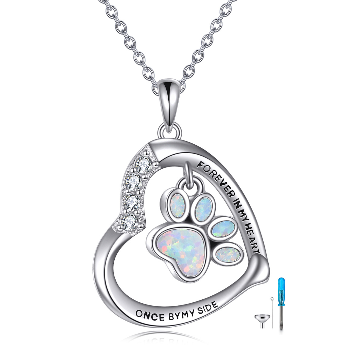 Sterling Silver Opal Paw & Heart Urn Necklace for Ashes with Engraved Word-1