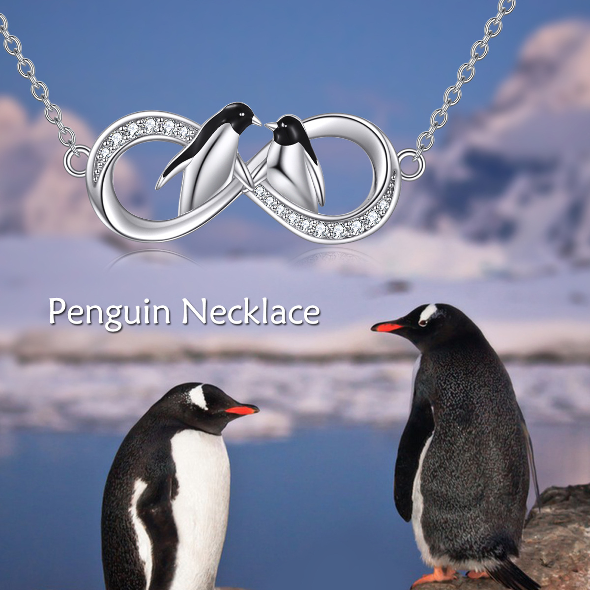 Sterling Silver Circular Shaped Cubic Zirconia Penguin & Infinity Symbol Pendant Necklace-6