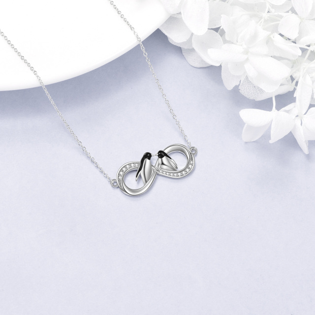 Sterling Silver Circular Shaped Cubic Zirconia Penguin & Infinity Symbol Pendant Necklace-4
