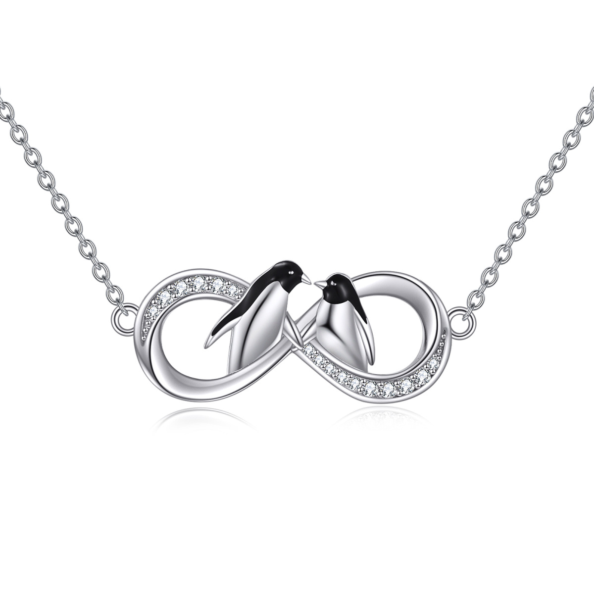 Sterling Silver Circular Shaped Cubic Zirconia Penguin & Infinity Symbol Pendant Necklace-1