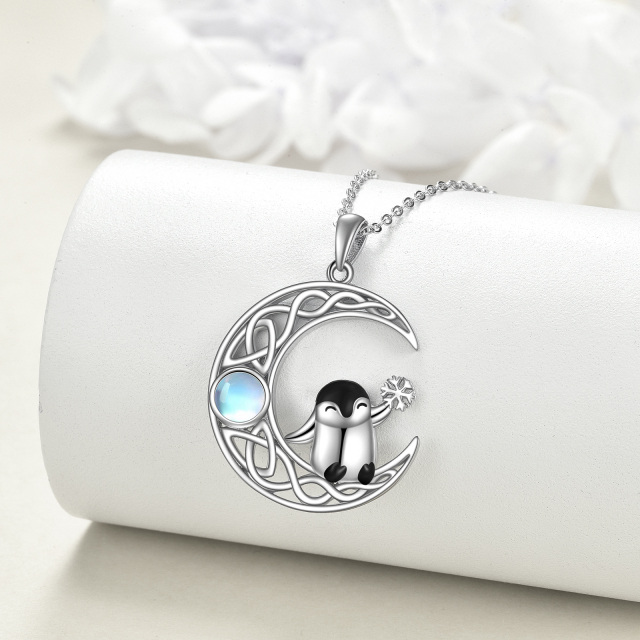 Sterling Silver Two-tone Round Moonstone Penguin & Celtic Knot & Moon Pendant Necklace-2