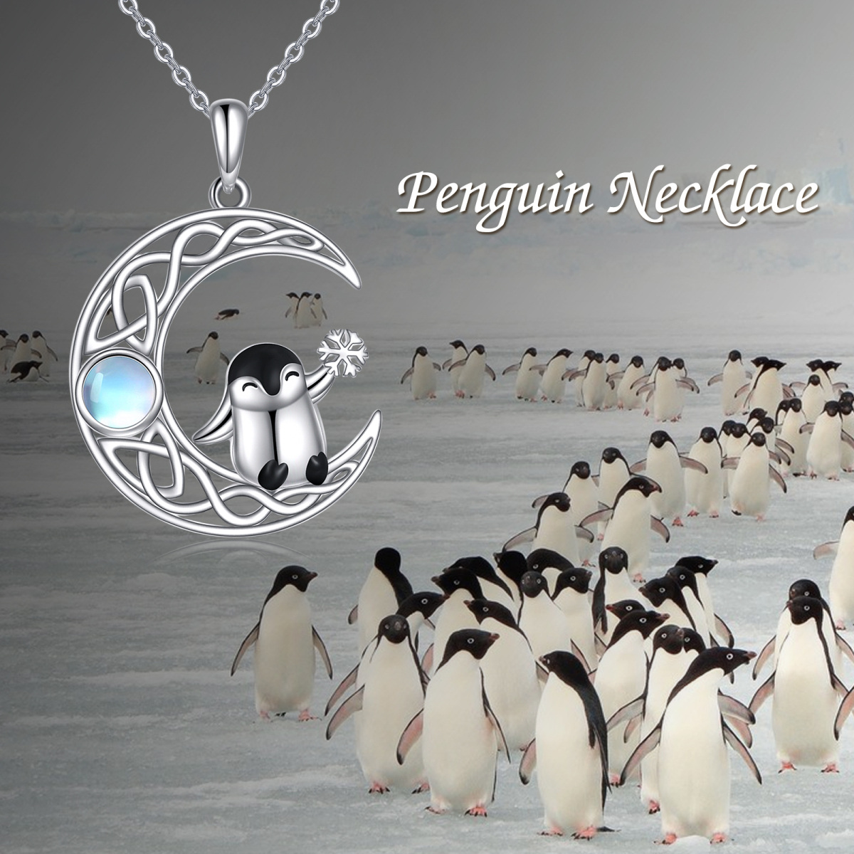 Sterling Silver Two-tone Round Moonstone Penguin & Celtic Knot & Moon Pendant Necklace-6