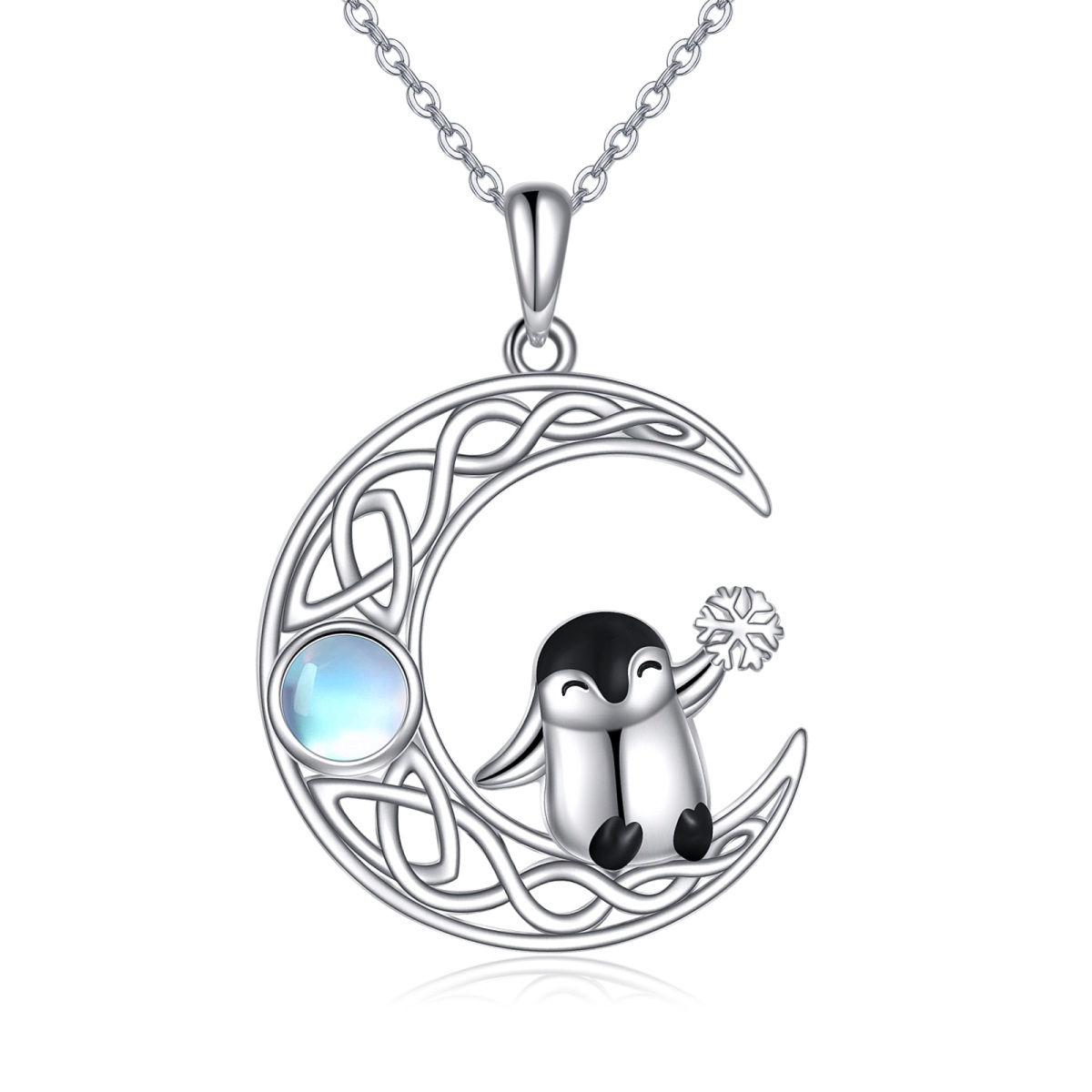 Sterling Silver Two-tone Round Moonstone Penguin & Celtic Knot & Moon Pendant Necklace-1