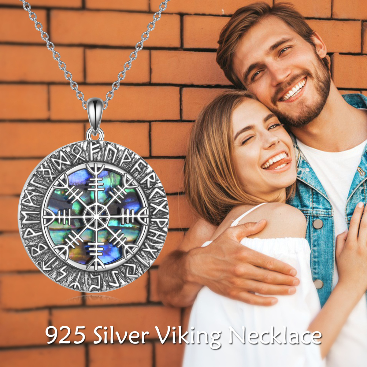 Sterling Silver Abalone Shellfish Viking Rune Coin Pendant Necklace-6