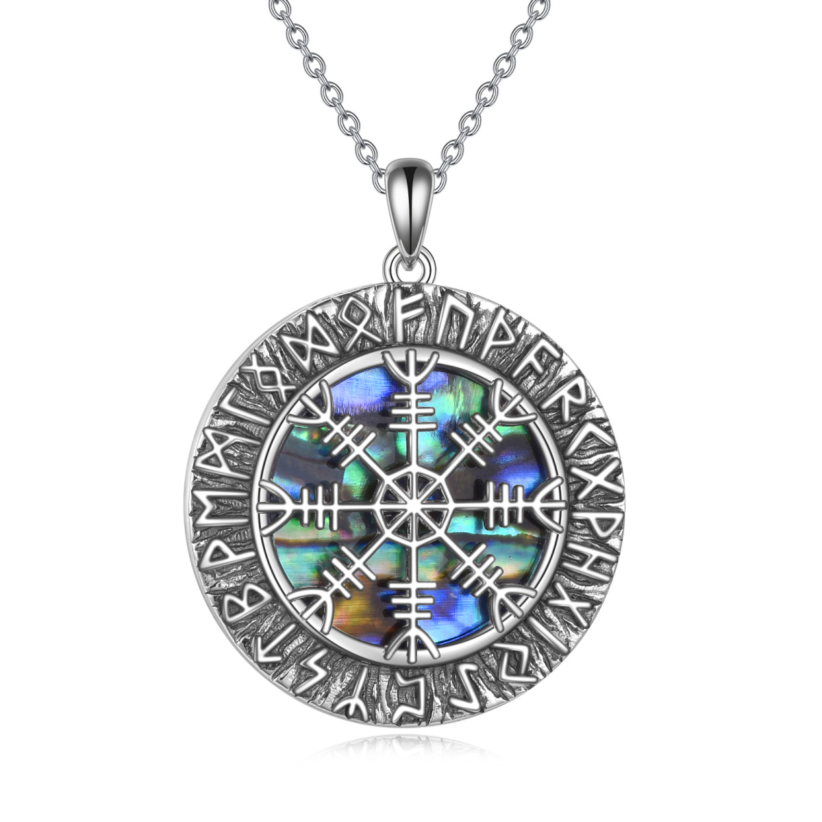 Sterling Silver Abalone Shellfish Viking Rune Coin Pendant Necklace-1